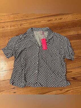 Terez Top Women’s White Black Check Button Front Cropped Shirt Racing Sporty M